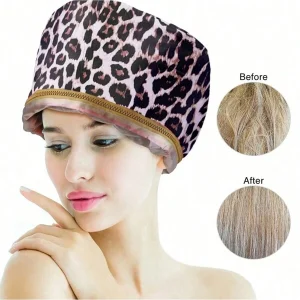 8-Beauty Satin Leopard Print Heated Cap, Temperature-Adjustable Hair Steamer, Hair Dye Cap US A Type Plug(110-127V)