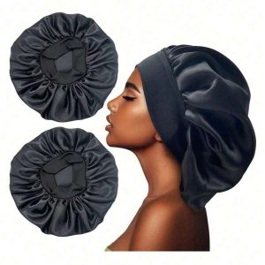 1pc High Elastic Wide Satin Sleeping Cap - Extra Large Size, Suitable For Sleeping, Satin Hairband, Women Hair Drying Cap Black