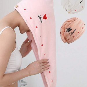 1pc Heart-Shaped Embroidery Pink Quick-Drying Hair Drying Cap, Fashionable, Absorbent, Soft And Velvety, With Embroidery, One Size Fits All Pink