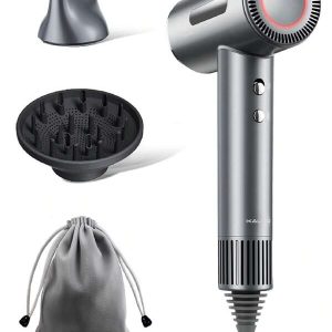 Hair Dryer With Diffuser, Kauoo Ionic Blow Dryer With 110,000 RPM Brushless Motor For Fast Drying, Intelligent Thermo-Control Travel Hair Dryer With Magnetic Nozzle For Hair Protection, Gift Set US A Type Plug(110-127V)