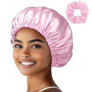 2pcs Set Soft Silky Satin Bonnet Floral Cap & Scrunchies For Sleeping In Overnight Satin Soft Hair Cap For Curly Thick Hair Dreadlock Braids Hair Care Cap Flower Headwrap For Women Multicolor