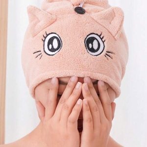 1pc Embroidered Cartoon Cat Quick-Dry Bath Cap Soft Coral Fleece Women's Cute Hair-Drying Hat, Bathroom Supplies Pink