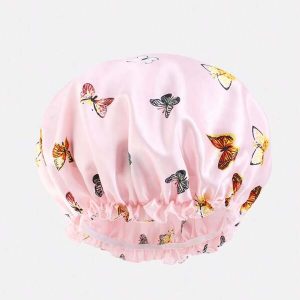 1pc Women's Satin Lace Trim Sleep Cap, Makeup Headwear, Suitable For Daily Use Butterfly Pink