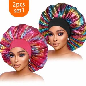 2pcs Women Laser Fabric Wide Brim Elastic Silky Satin Comfortable Fashion Sleeping Hat/Hair Towel, Soft Casual Daily Style Hair Drying Cap Multicolor